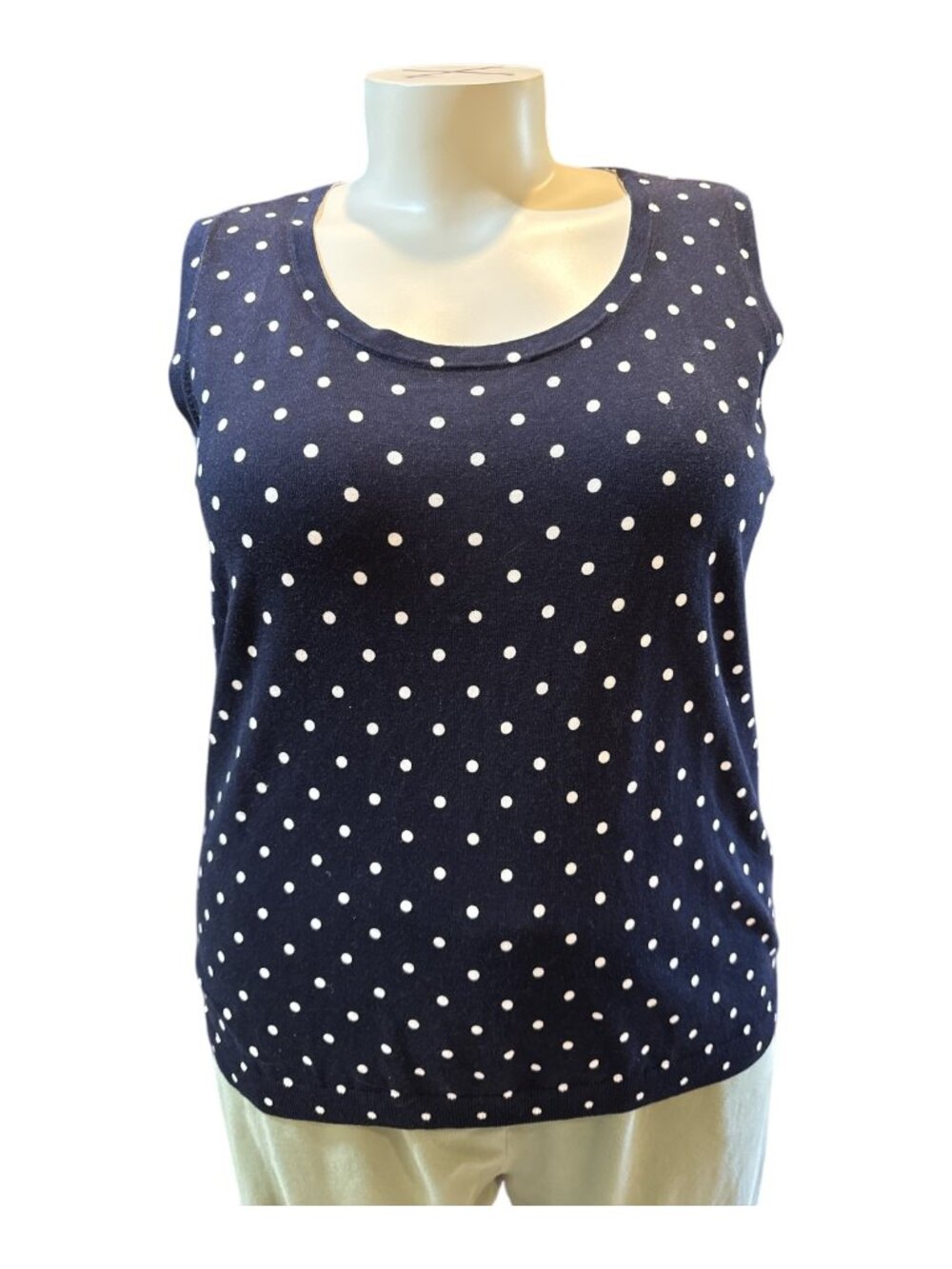 Talbots Size 2X Navy Blue & White Polka Dot Knit Sleeveless Tank Top